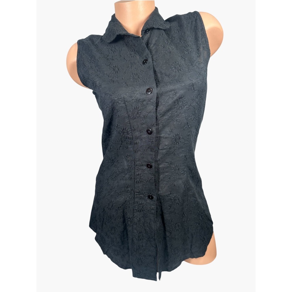 Preston & York 6 Womens Tank Top Button Black Collared Linen Cotton Embroidered